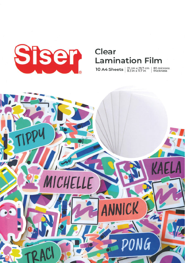Siser clear lamination film packaging with colorful name labels on a white background