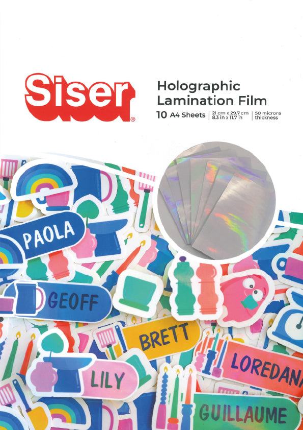 Siser holographic lamination film packaging with colorful name stickers.