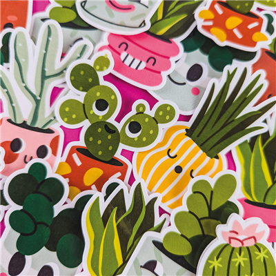 Collection of colorful cactus and succulent stickers with cartoon faces on a white background.